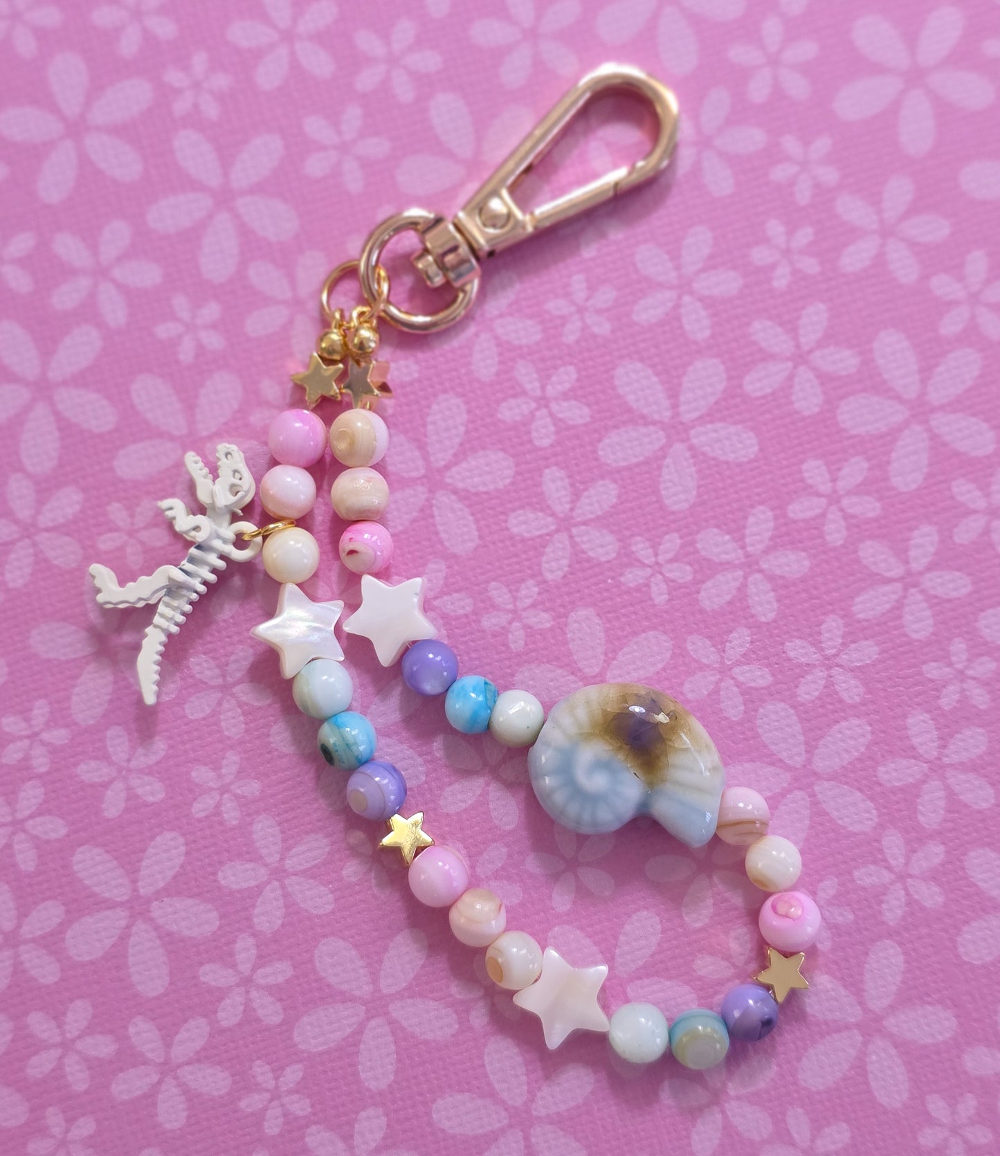 Stone Bead Dino Phone Charm Blue Ammonite