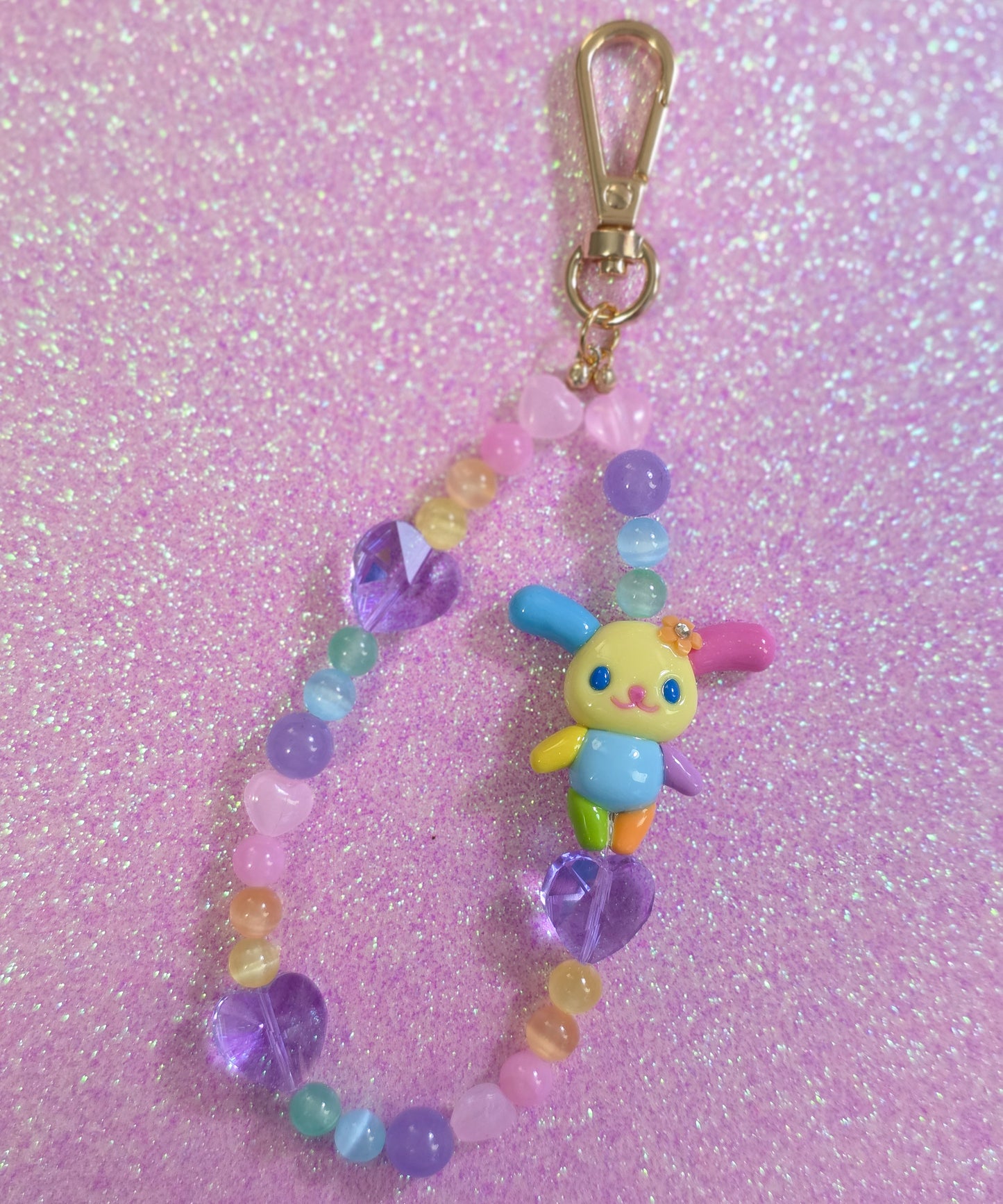 Rainbow Bunny Phone Charm Purple Hearts