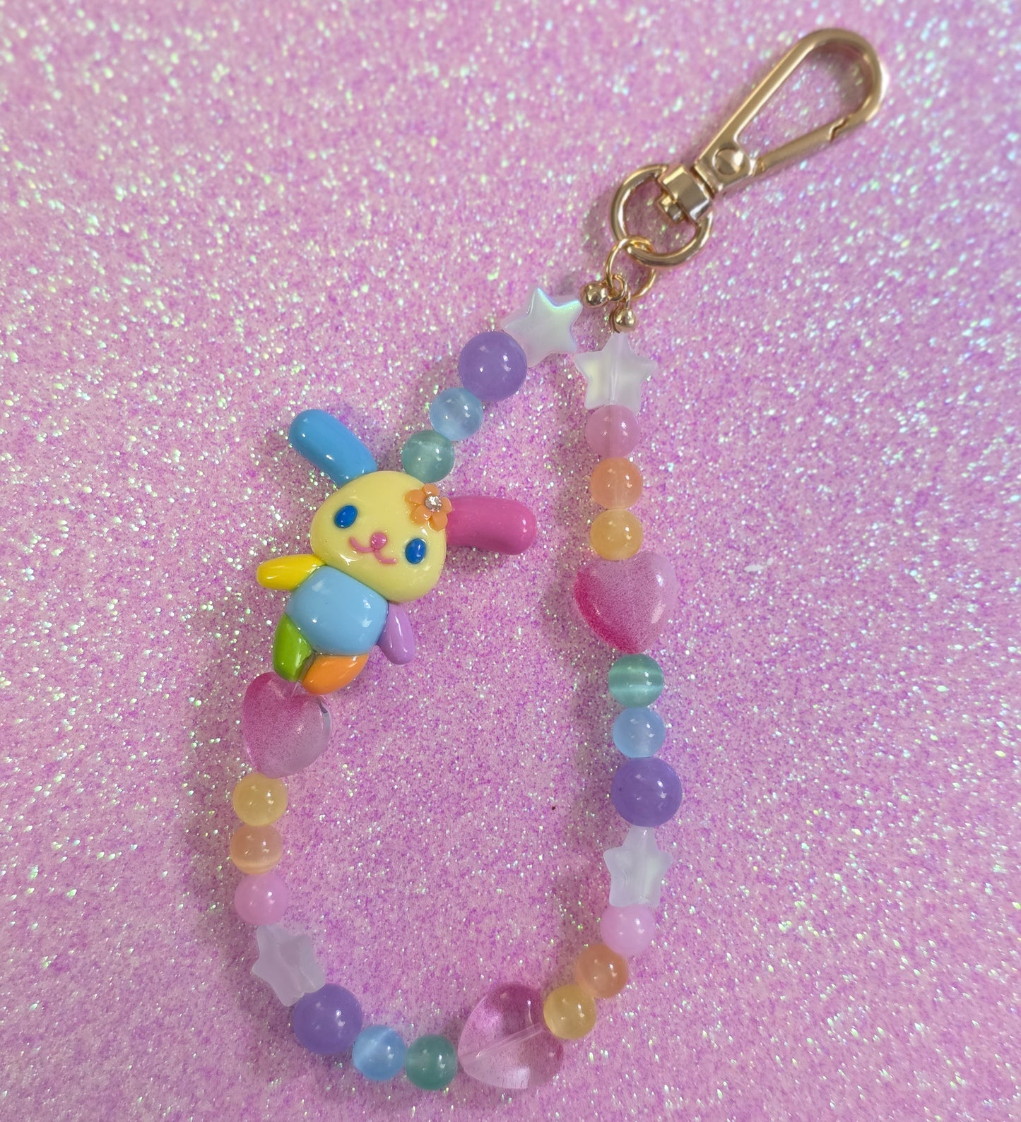 Rainbow Bunny Phone Charm Pink Hearts